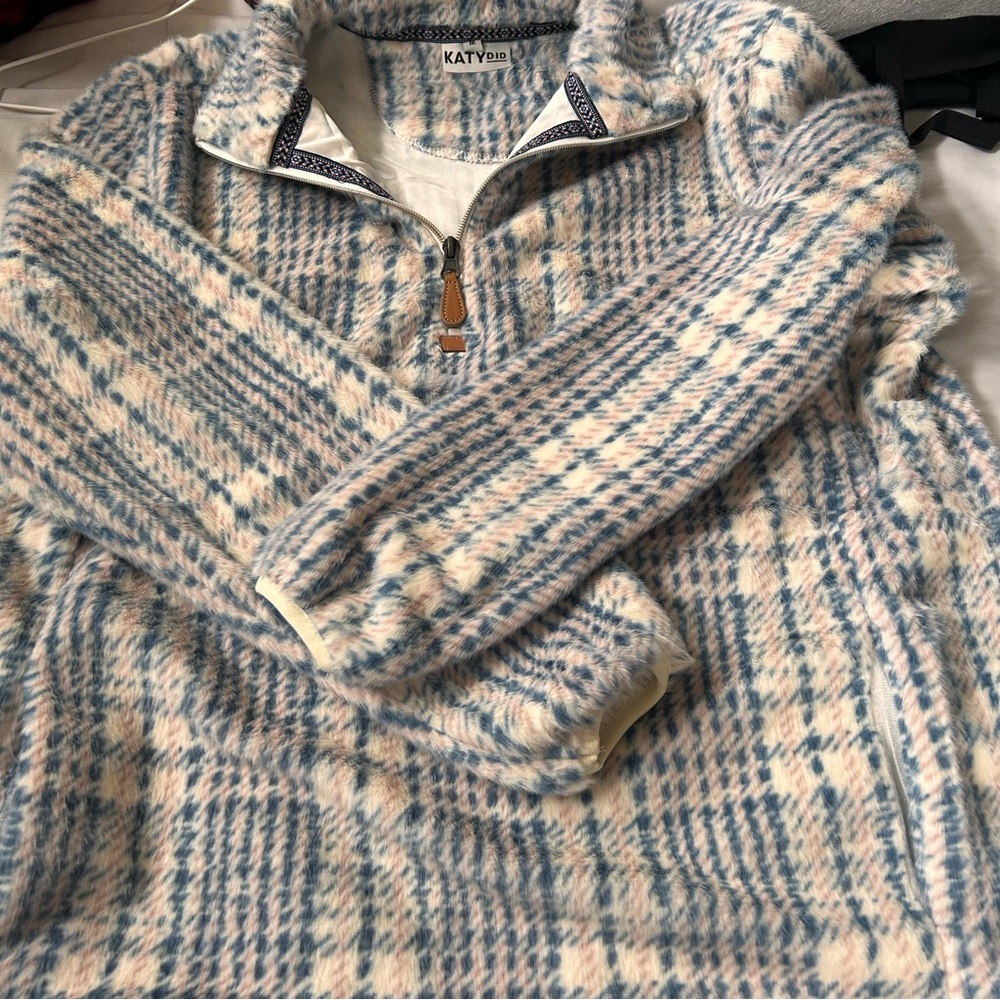 Katydid Blue and Cream Plaid Half-Zip Sweater